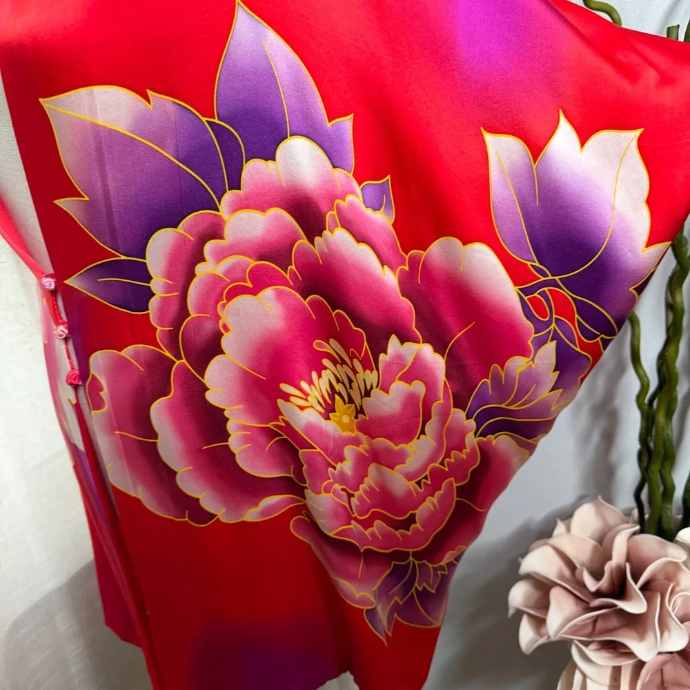 100% Silk Peony Wrap Shawl Floral Frog Knot Red Pink Purple Asian Art Drape